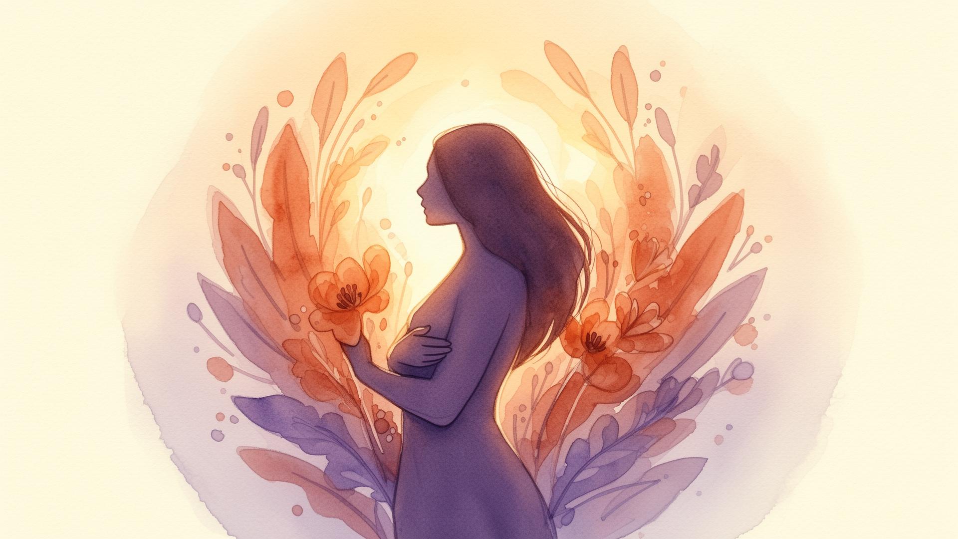 Ilustração acolhedora de uma mulher cercada por flores e luz